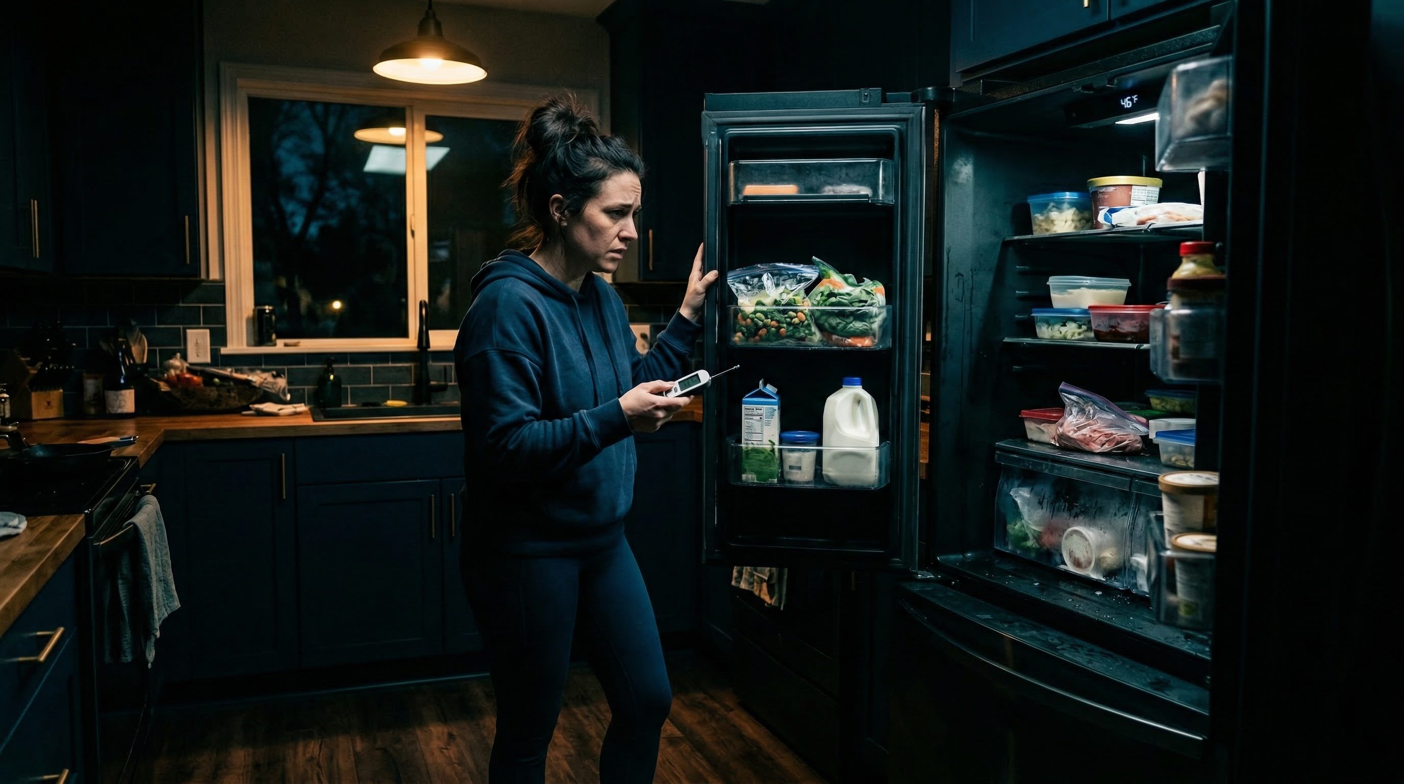 Worried homeowner checking broken refrigerator with food spoiling needing emergency appliance repair