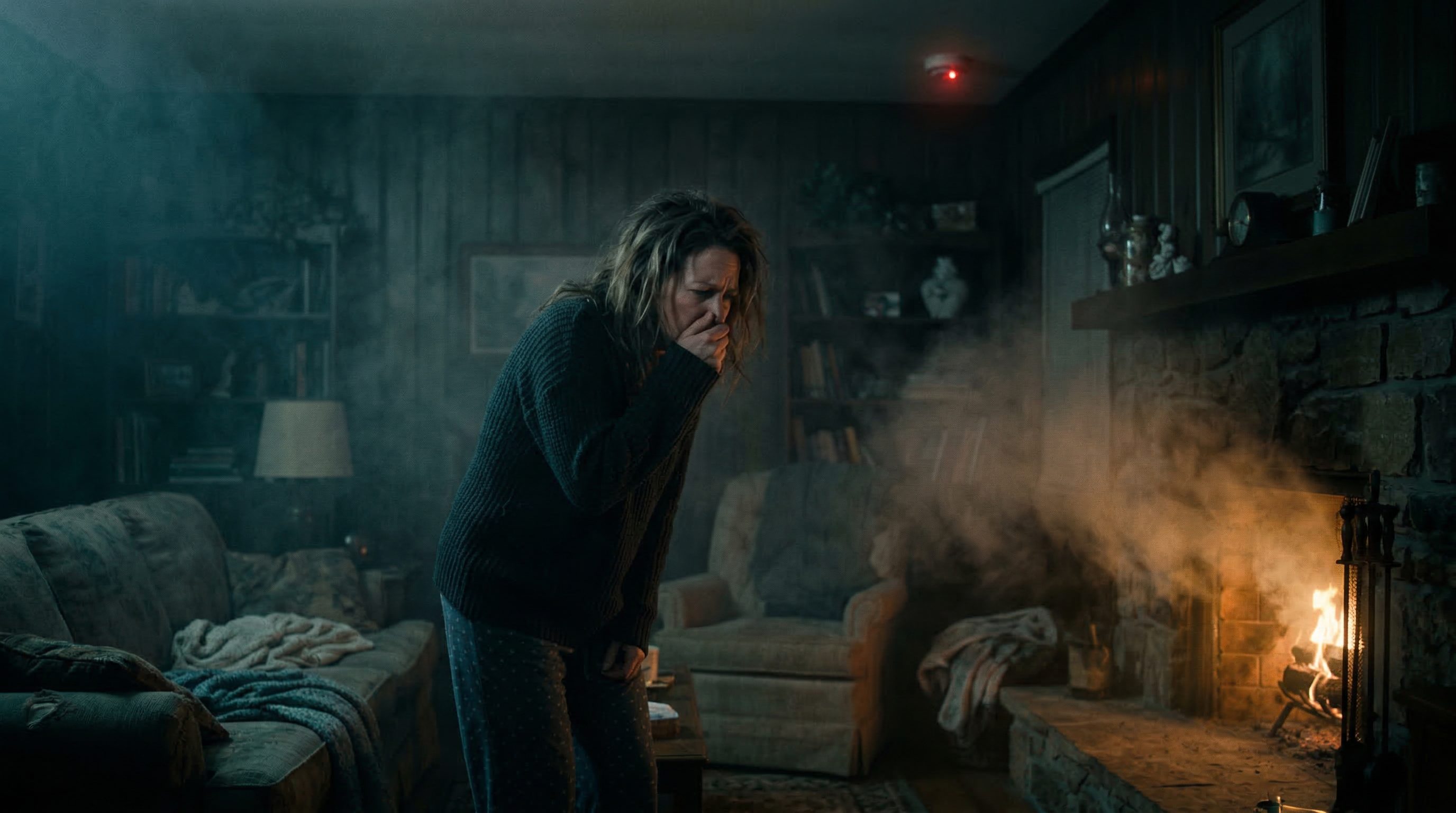 Homeowner covering face as smoke fills living room from blocked chimney needing chimney sweep service