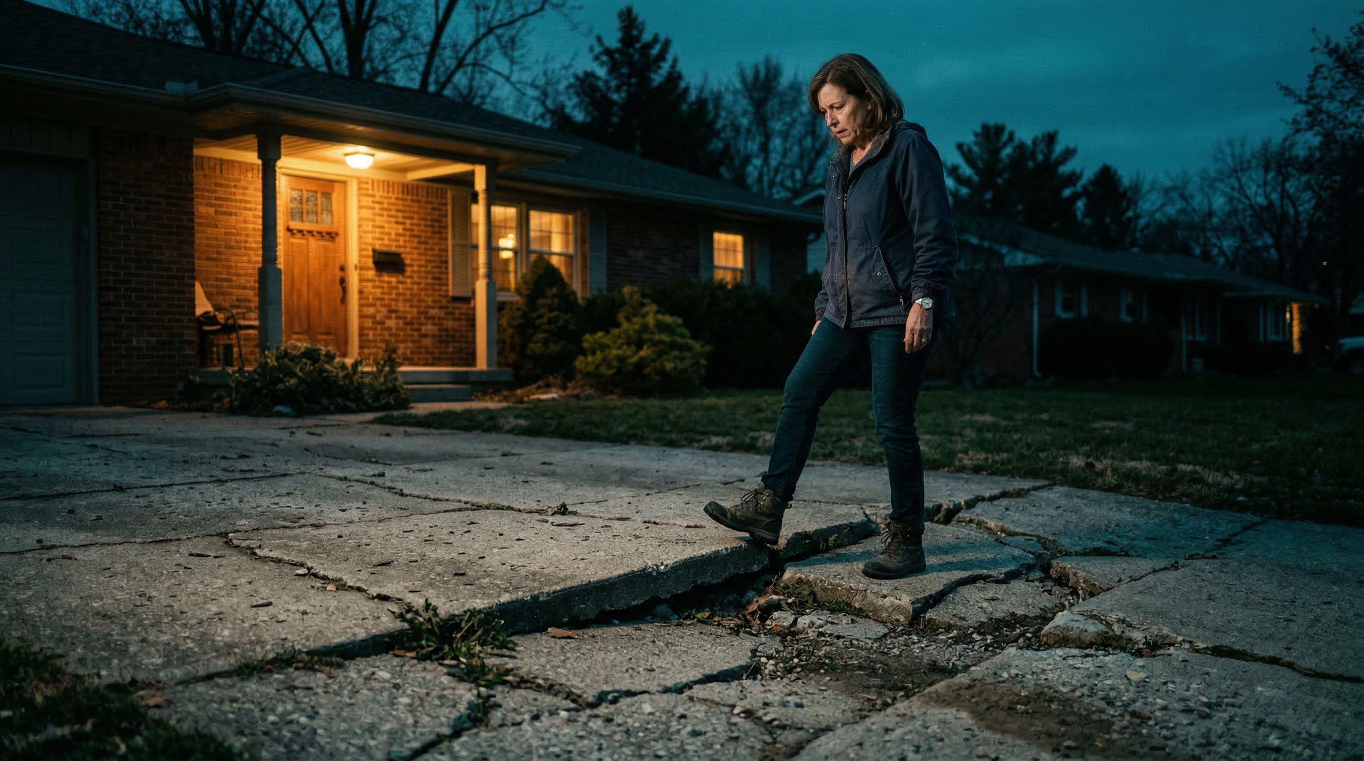 Homeowner walking on severely cracked and heaving concrete driveway needing repair