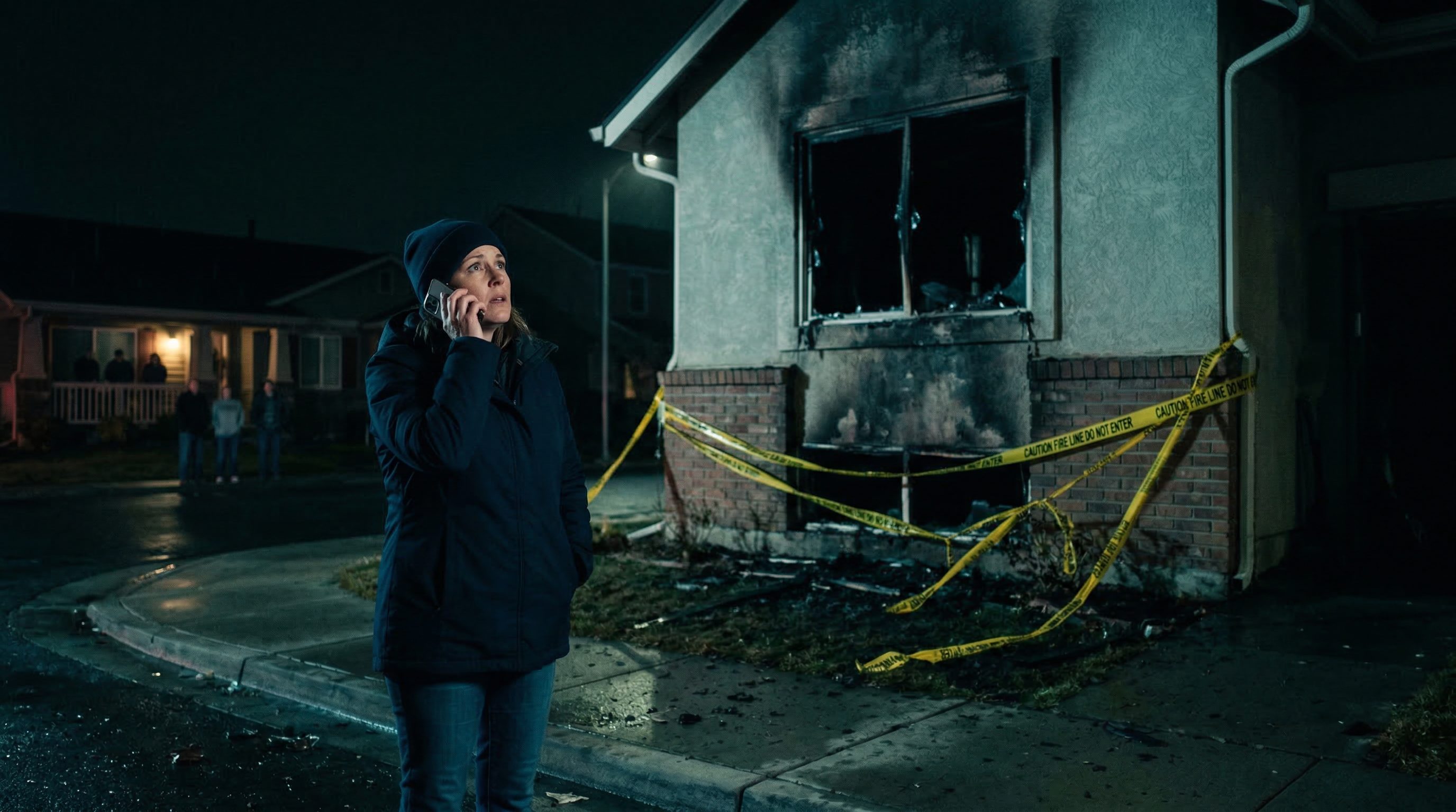 Distressed homeowner on phone outside fire-damaged home needing emergency fire restoration service