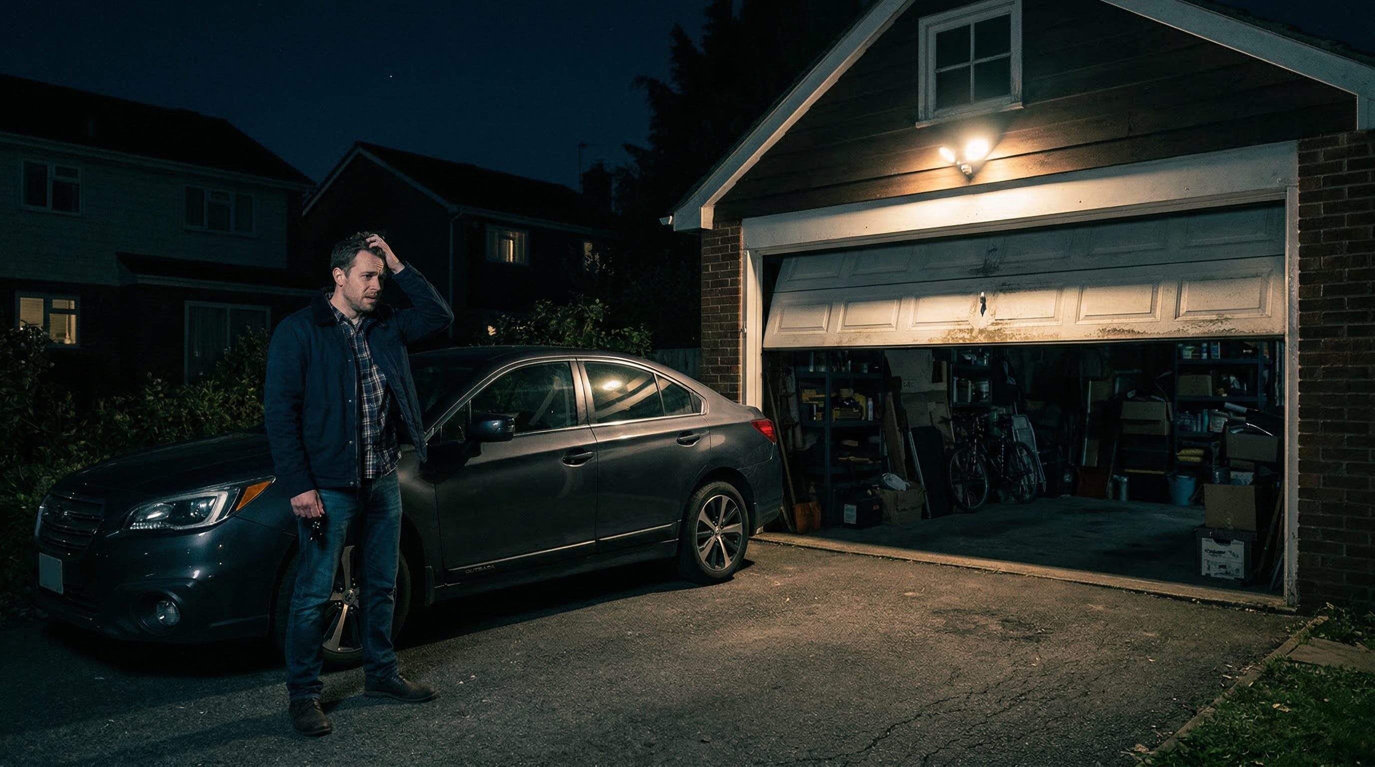 Worried homeowner with garage door stuck open at night creating security risk needing emergency repair