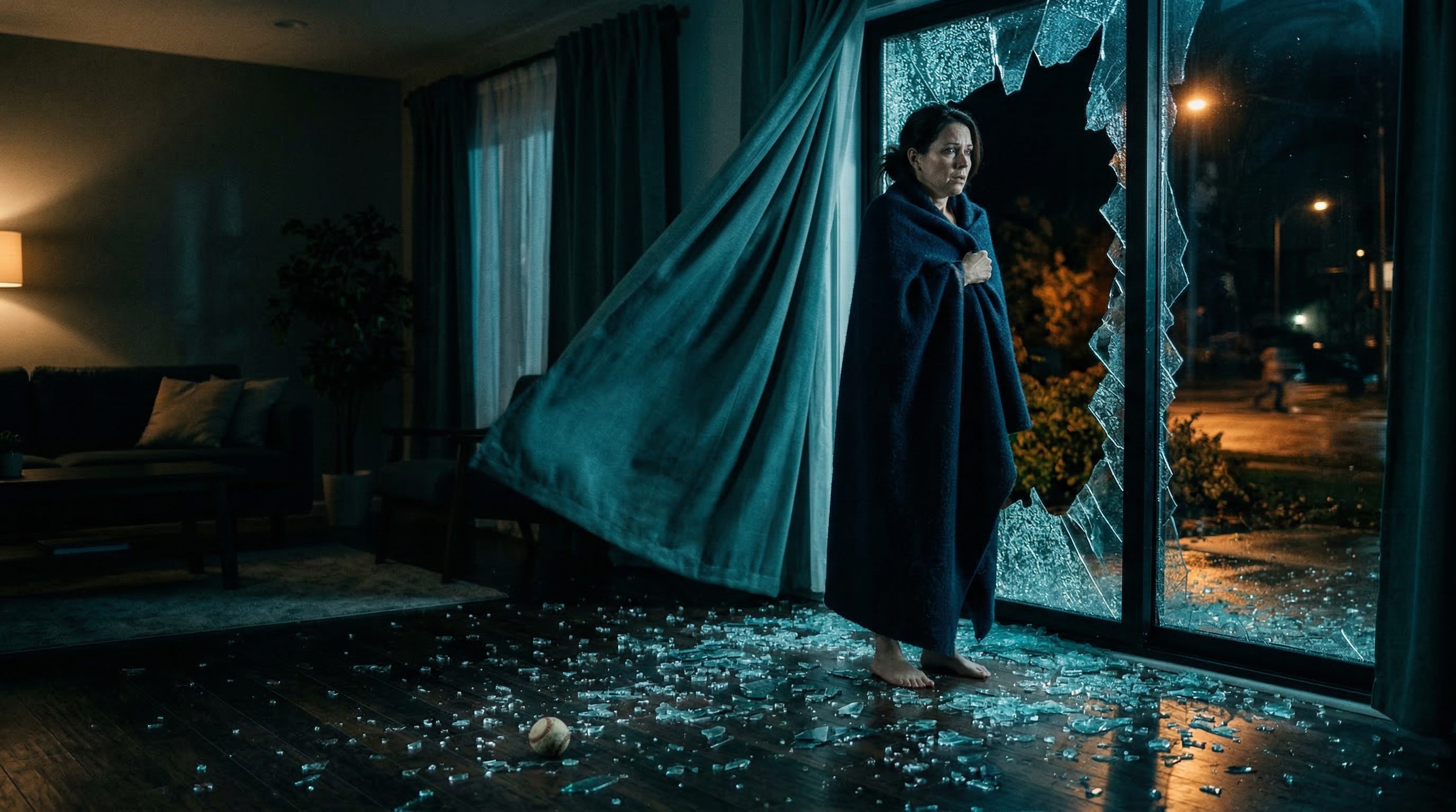 Homeowner with shattered window and broken glass on floor needing emergency glass repair service