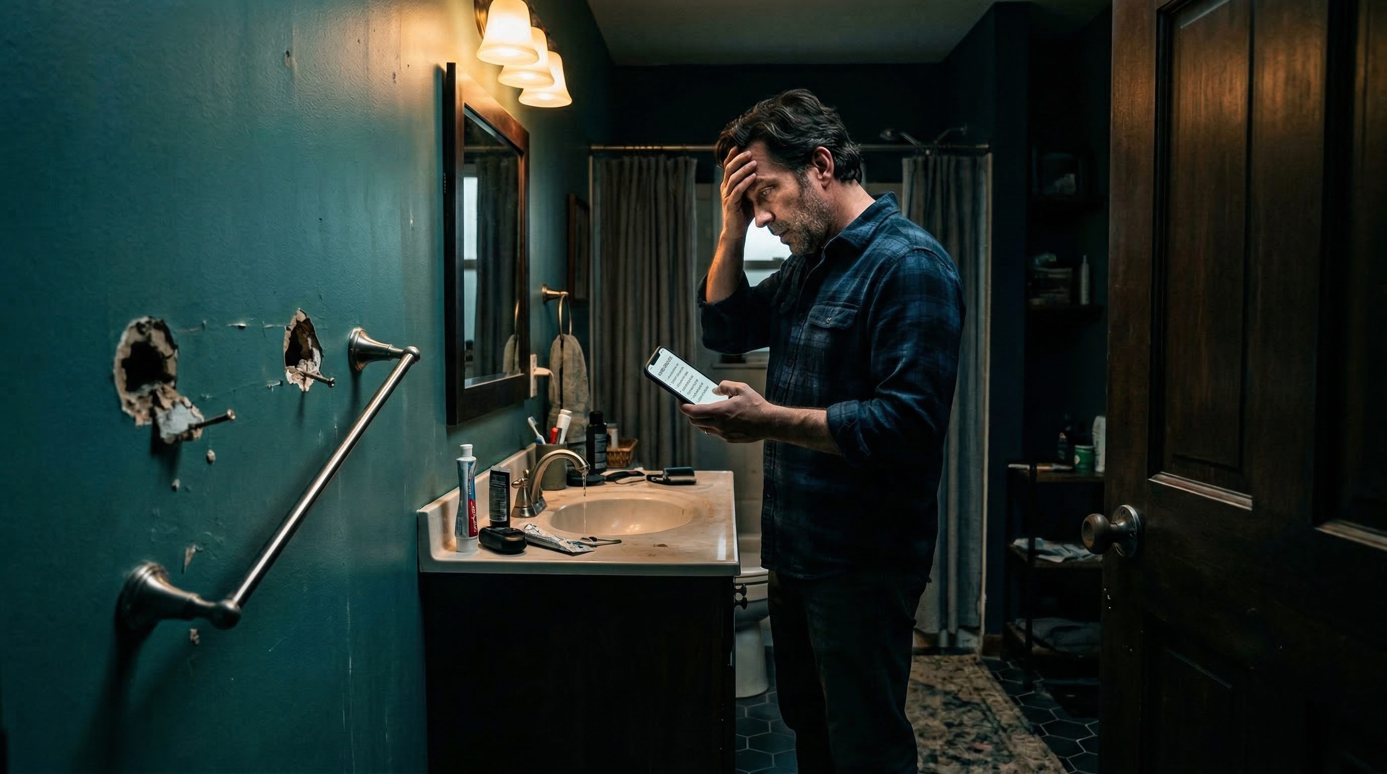 Frustrated homeowner in bathroom with multiple broken fixtures needing professional handyman service