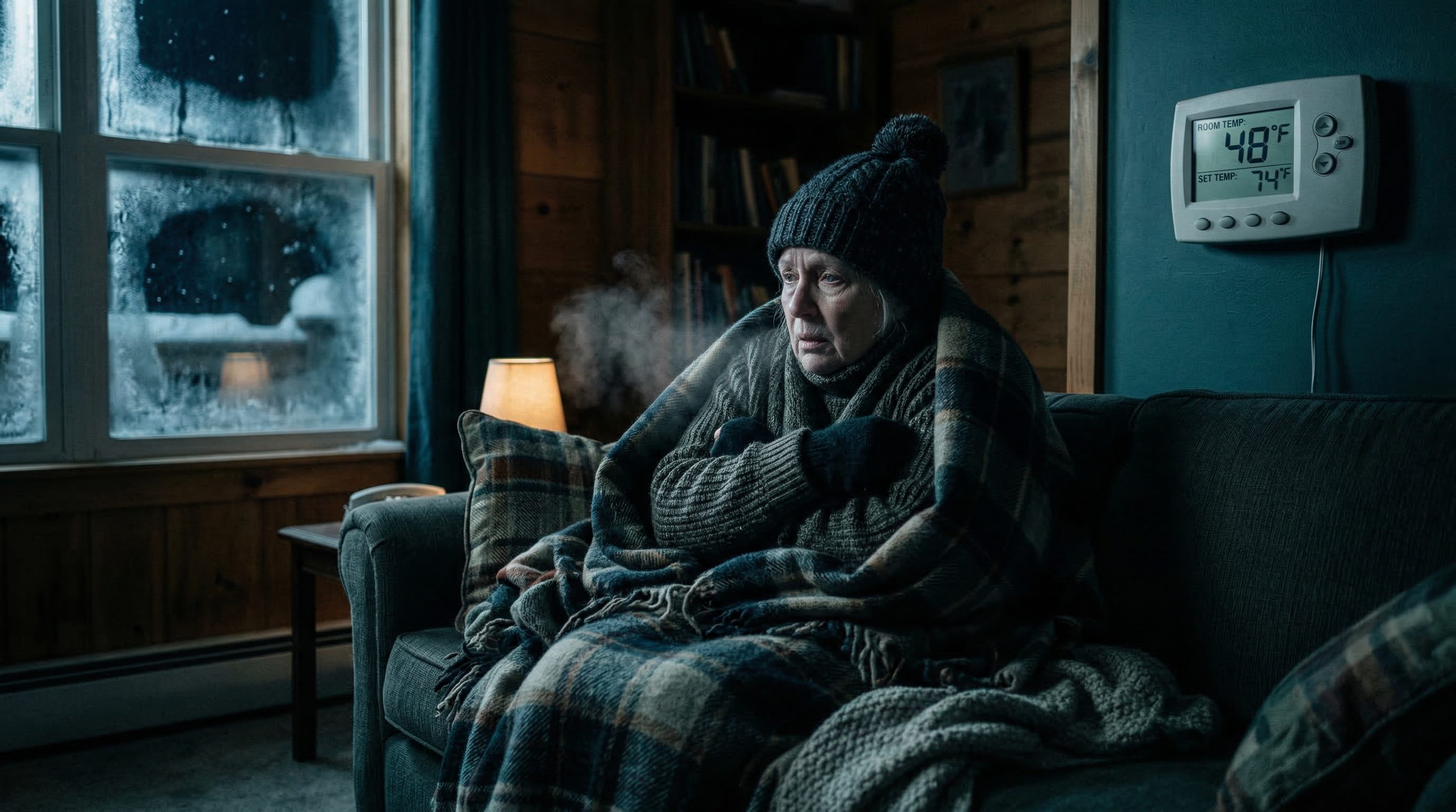 Homeowner bundled in blankets in freezing cold house with thermostat showing 48 degrees needing insulation