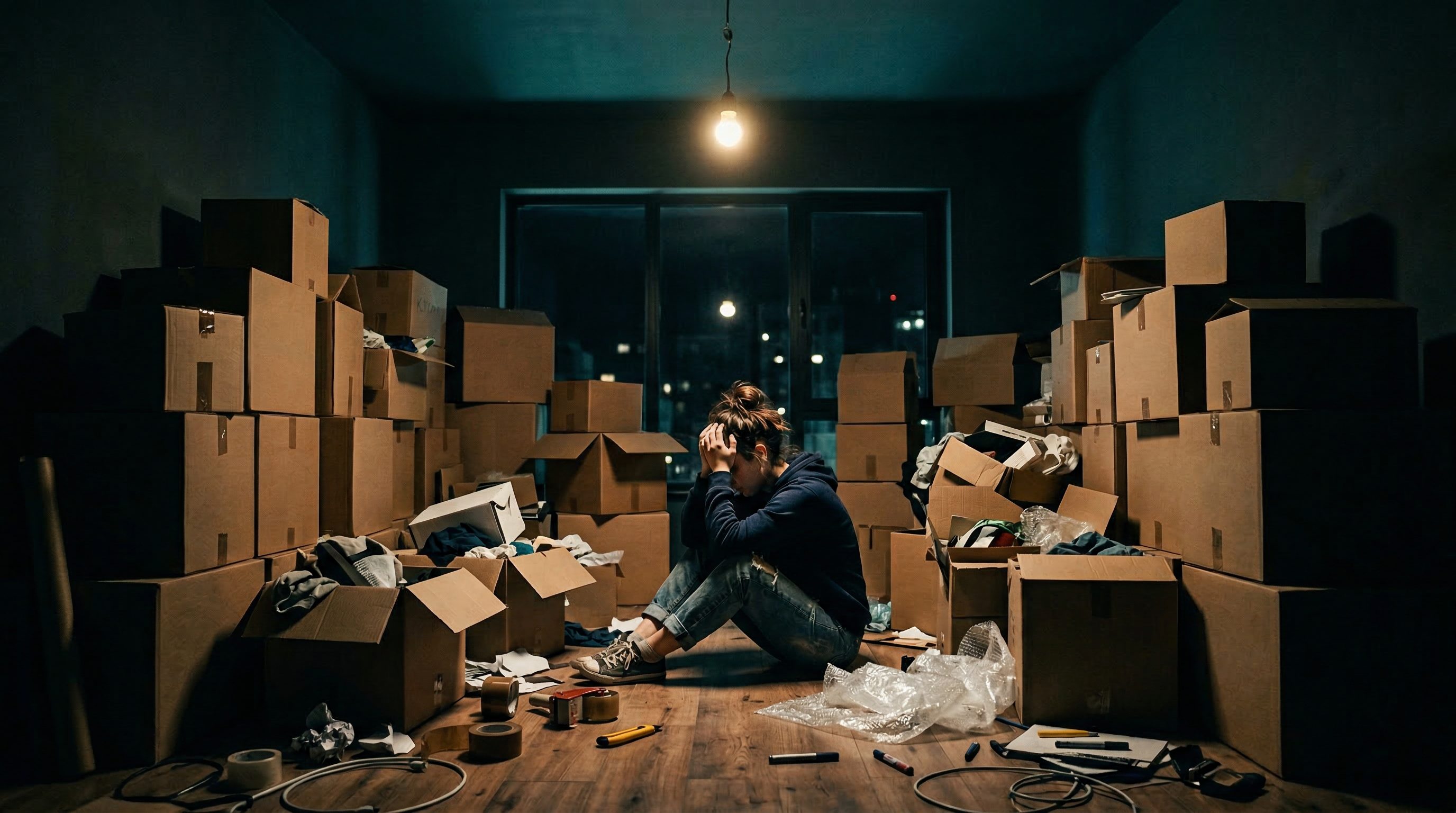Overwhelmed person sitting among unpacked moving boxes needing professional moving service