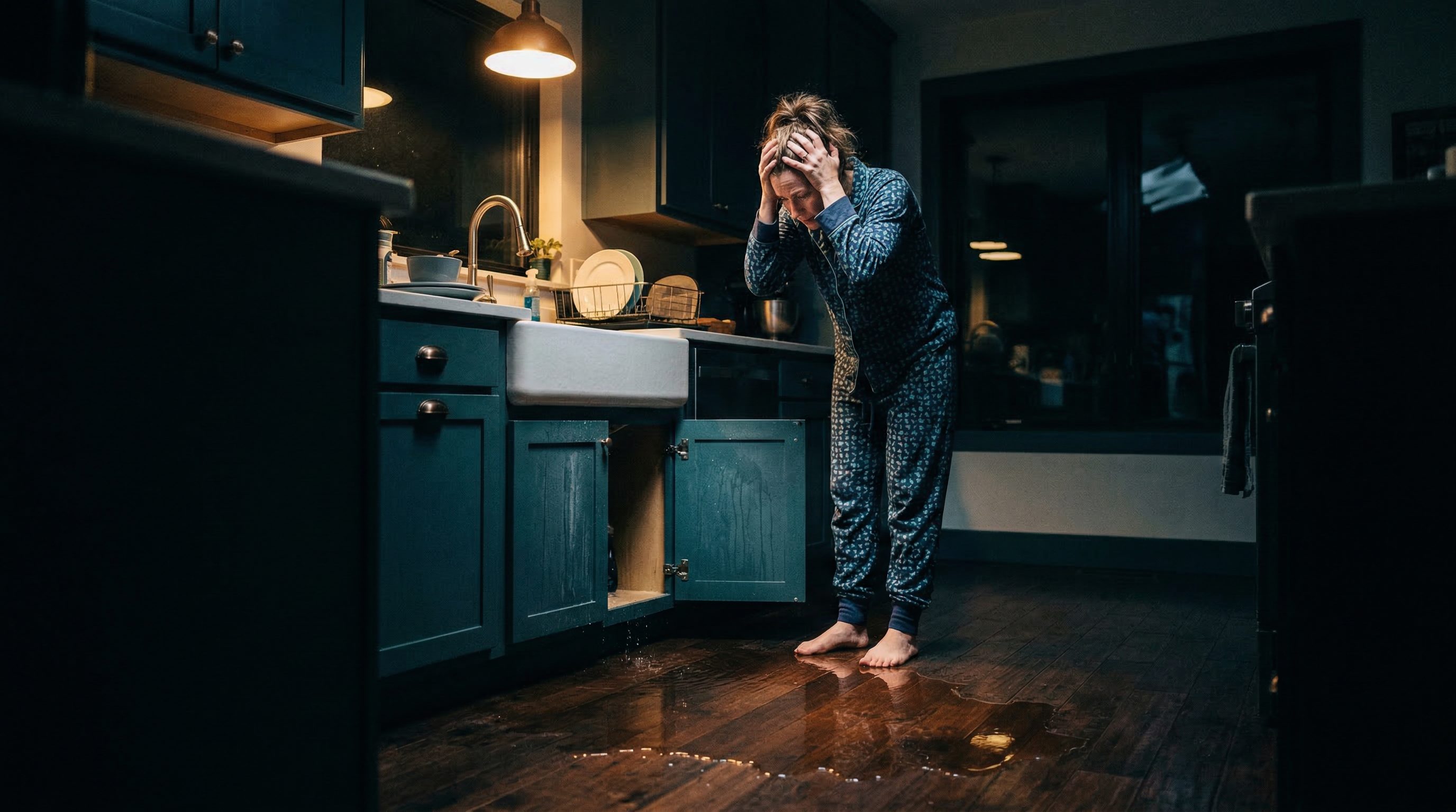Distressed homeowner standing in flooded kitchen from burst pipe at night needing emergency plumber