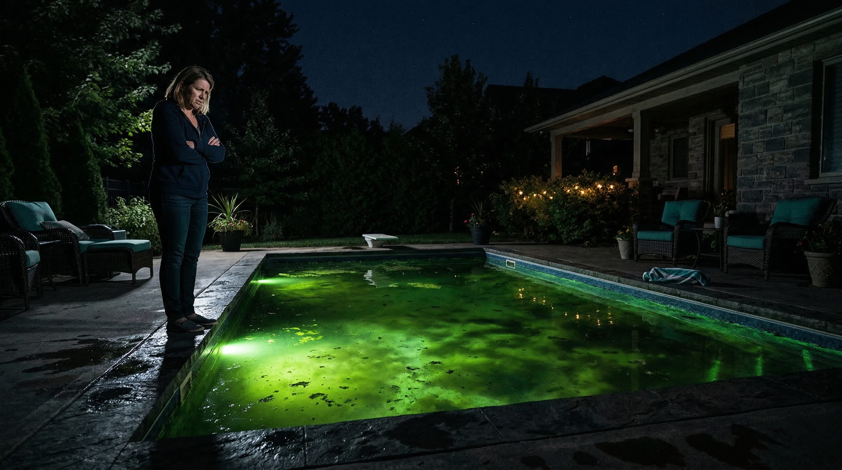 Homeowner looking at green algae-filled swimming pool needing emergency pool cleaning service