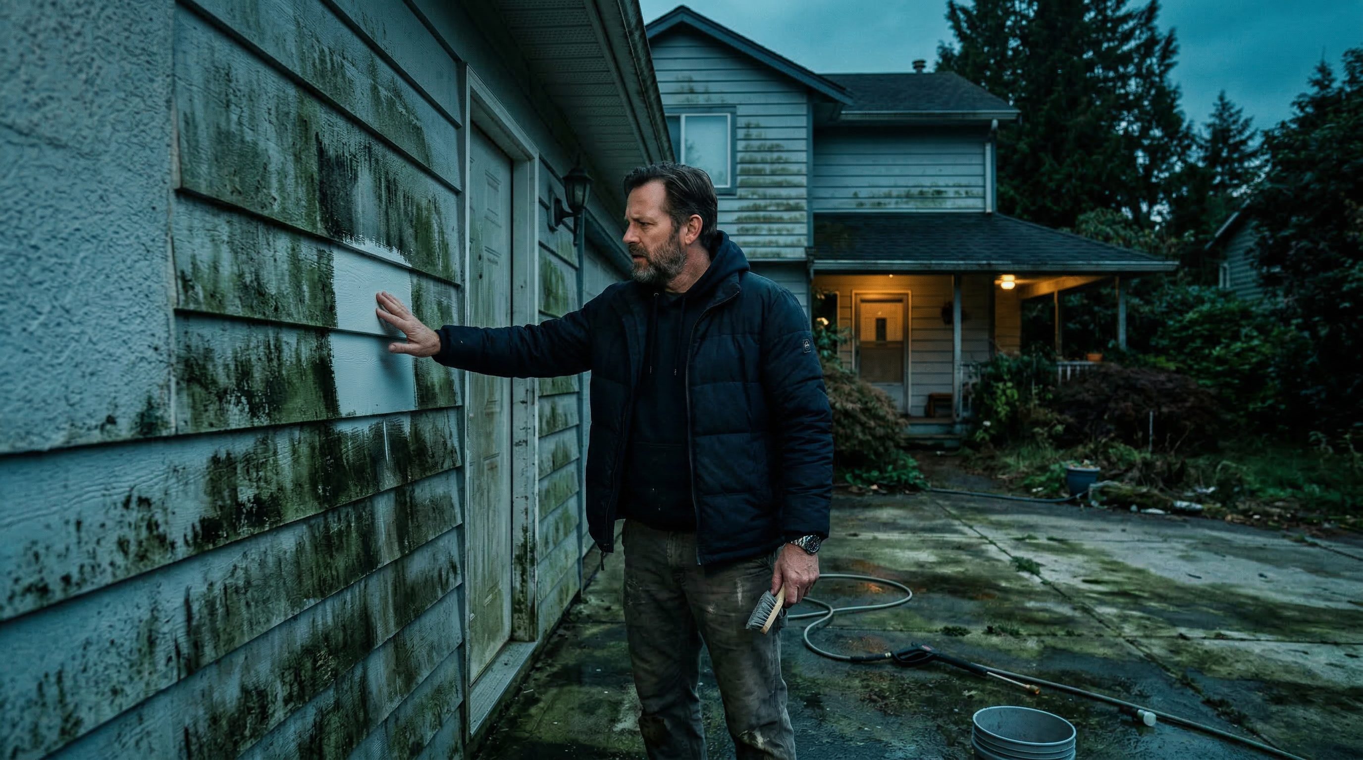 Homeowner examining algae and mildew buildup on dirty house siding needing pressure washing service