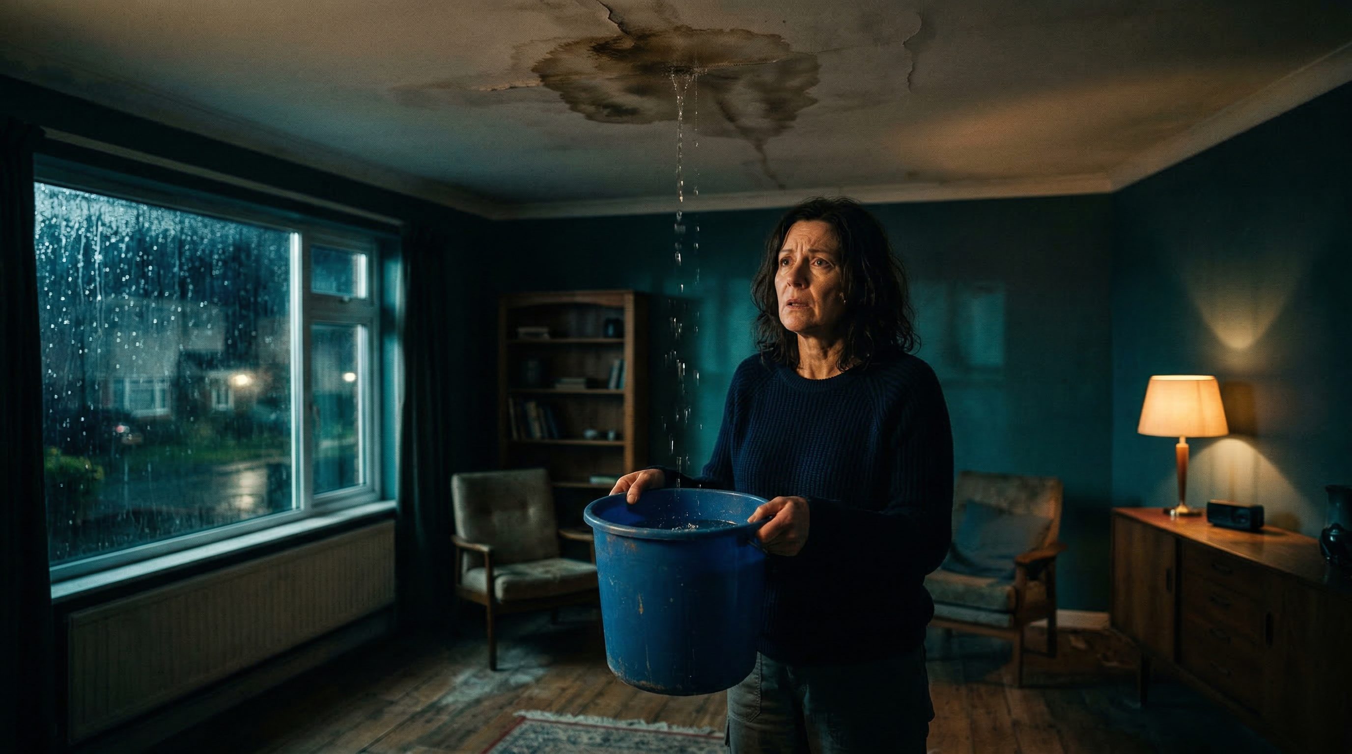 Homeowner catching water from ceiling leak with bucket after storm damage needing emergency roof repair
