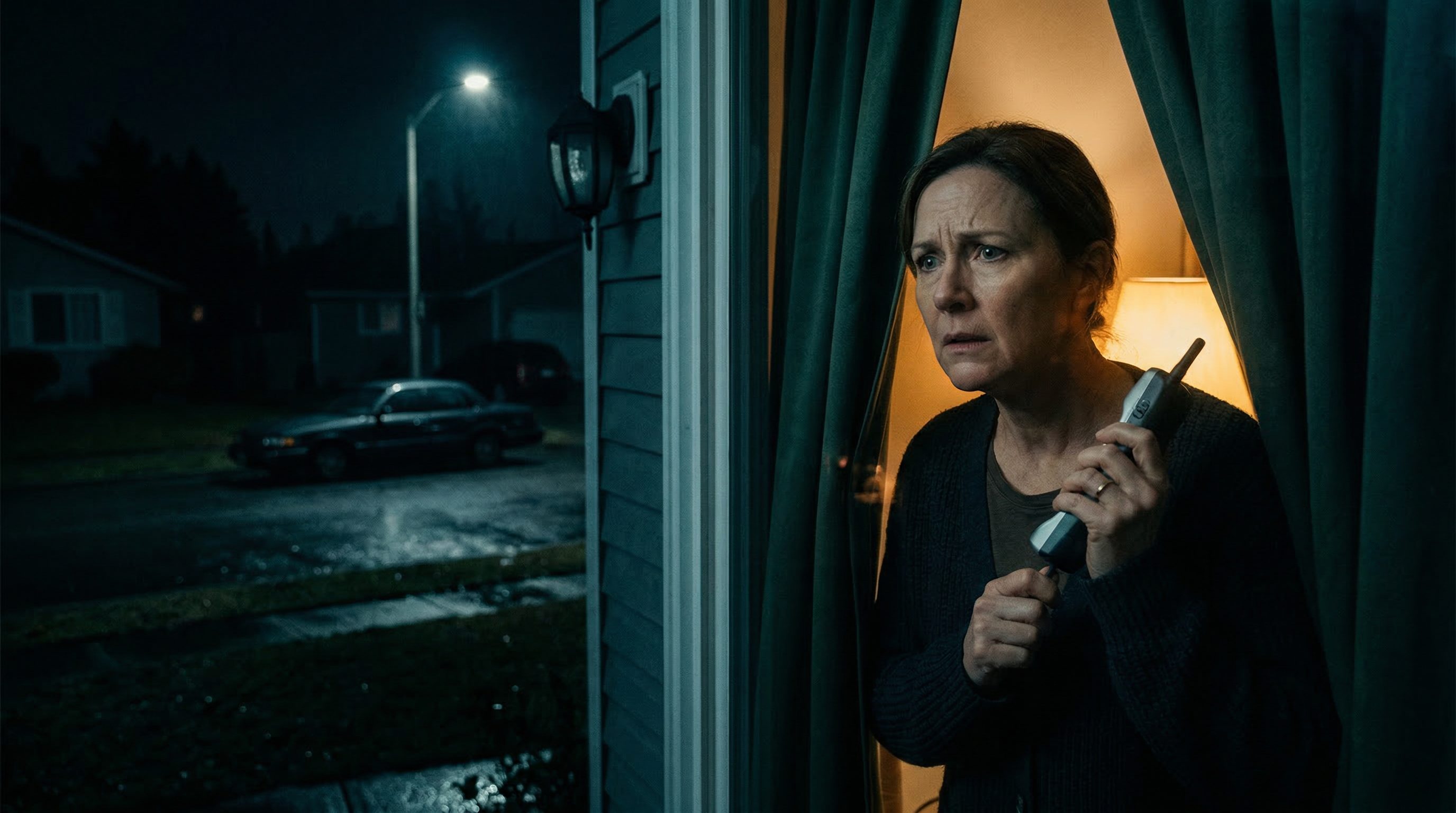 Worried homeowner peering through window curtains at night needing home security system installation