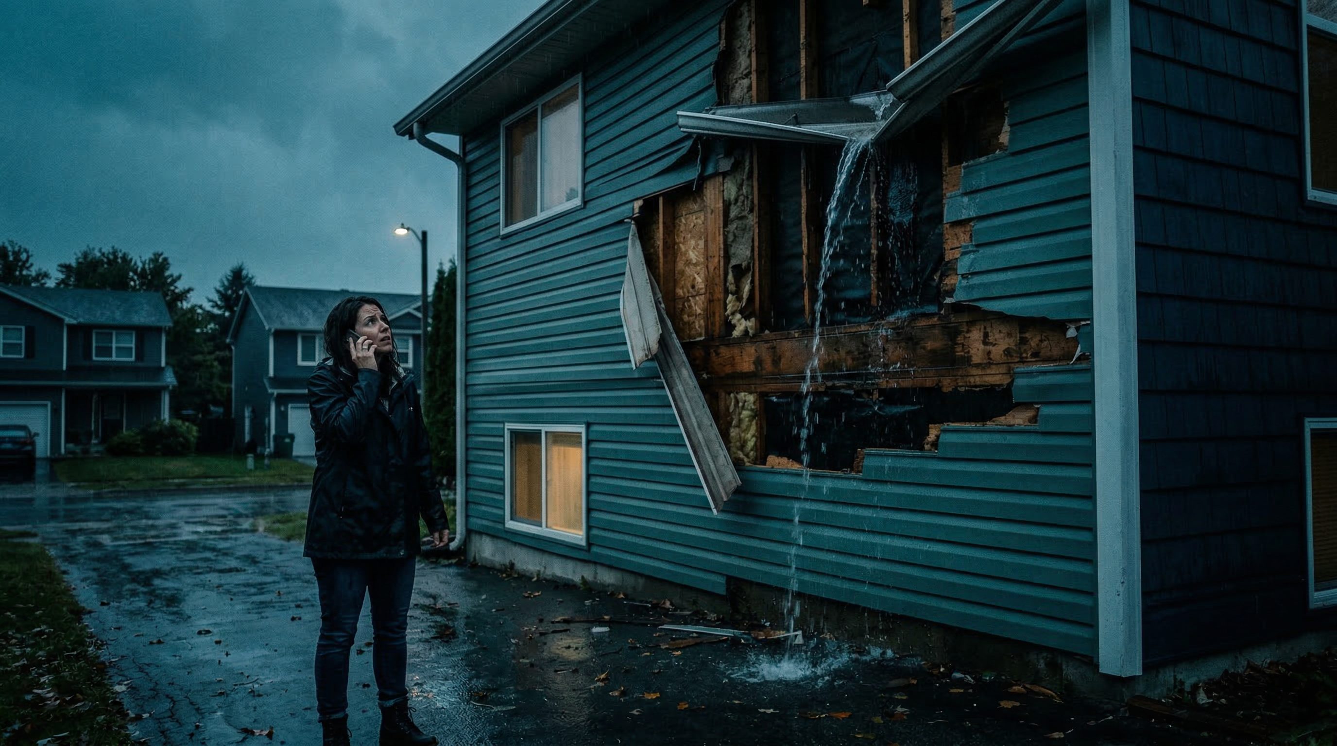 Homeowner on phone looking at storm-damaged siding and overflowing gutters needing repair