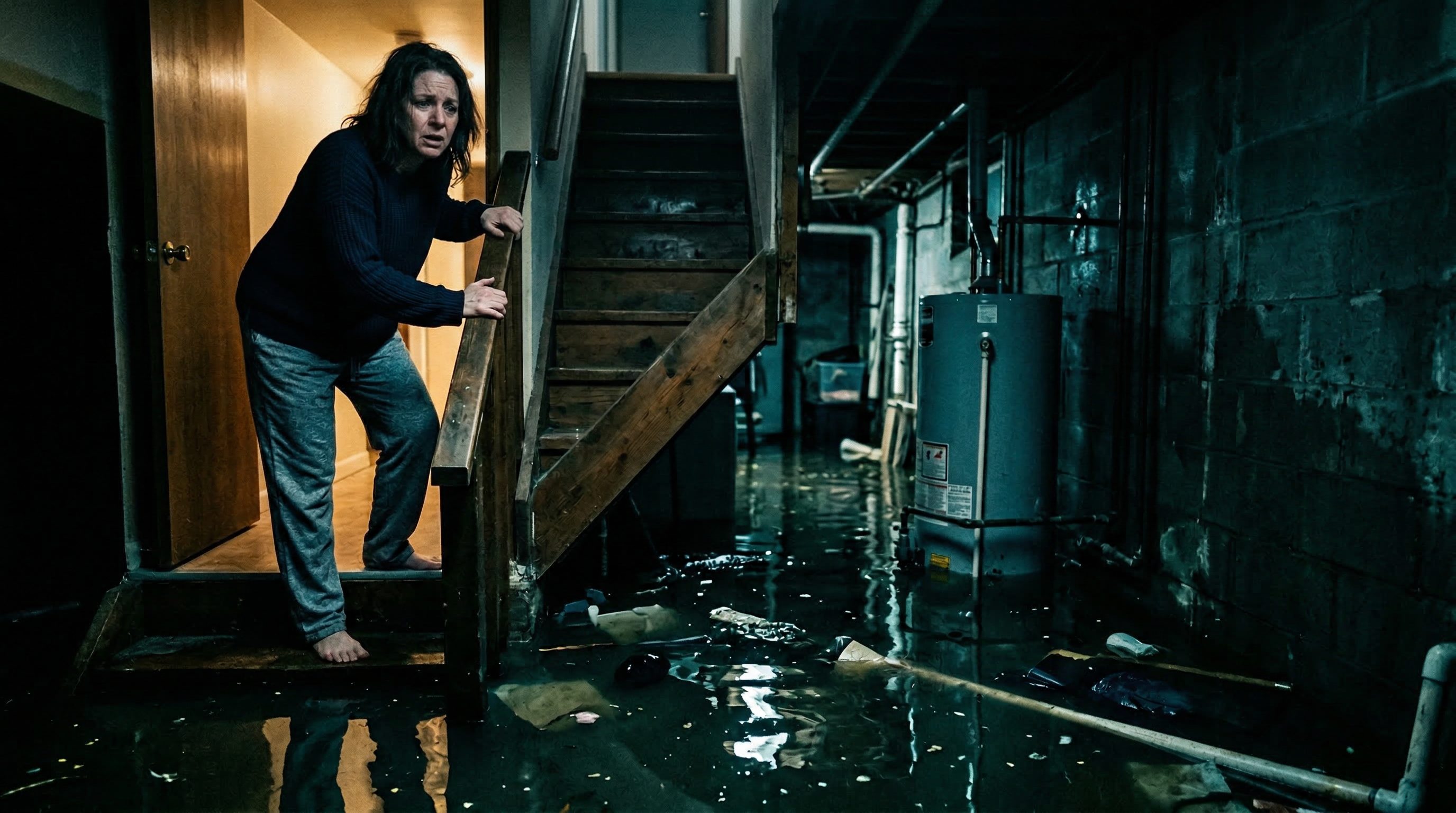Homeowner discovering flooded basement from burst water heater needing emergency water damage restoration